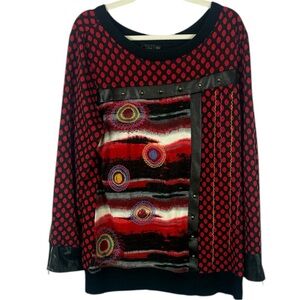 Goa Chic Artsy Red Black Faux Leather Polka Dot Embroidered Detail XL Sweater